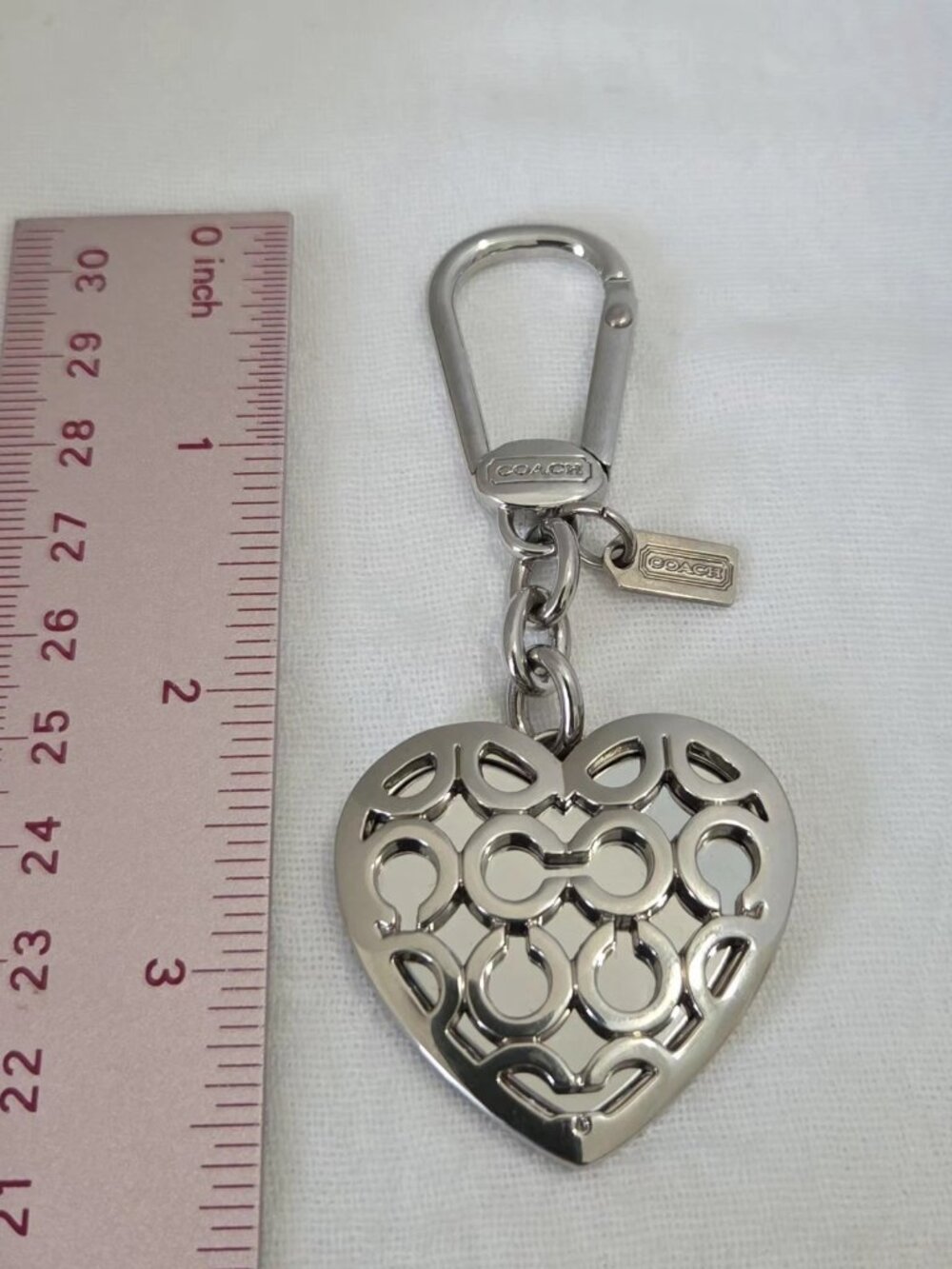 EUC - Coach Y2K Signature Cut Out Op-Art Heart Mirror key/bag charm Silver